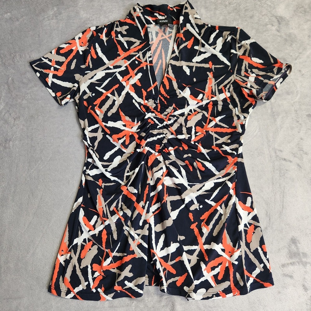 Alfani Women's Medium Top Navy Blue Orange Abstract V-Neck Ruched Blouse Stretch